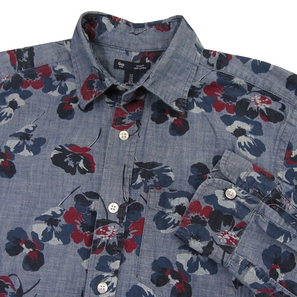 Gap Mens Button Up Shirt S Blue Poppy Print Floral Chambray Classic Fit - Picture 1 of 9